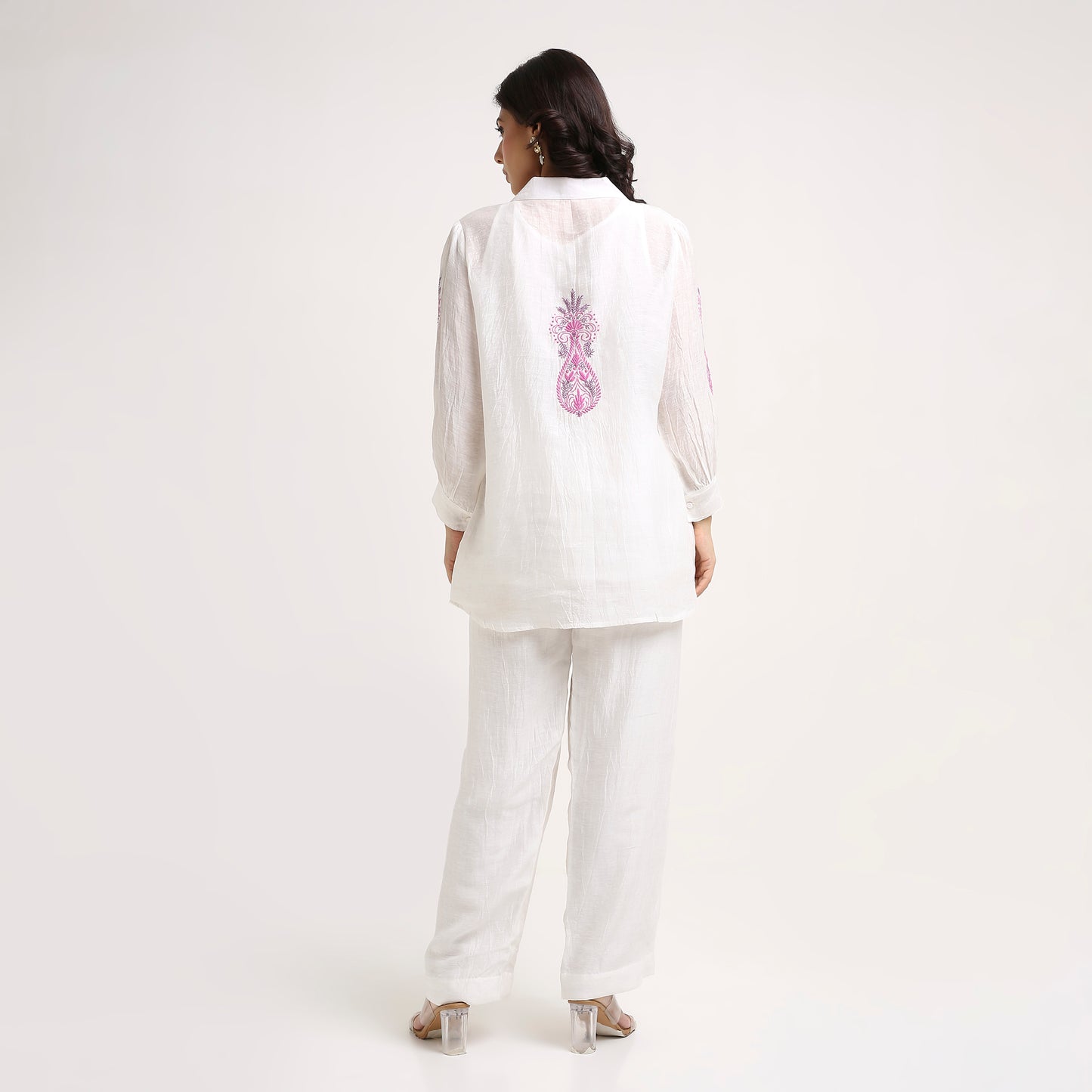 Chikankari Co ord in White Chanderi Silk with Rose Pink n Dusty Mauve embroidery