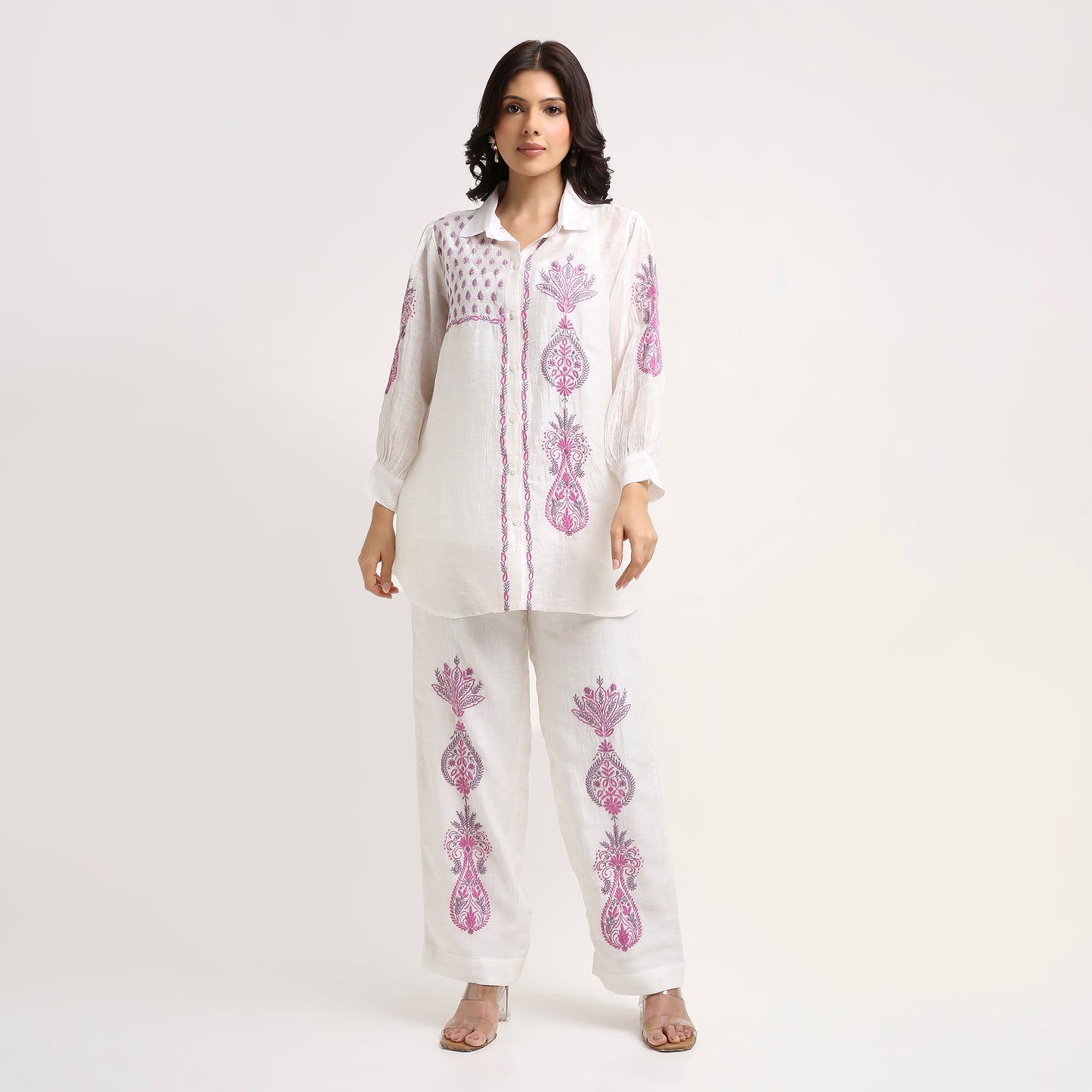 Chikankari Co ord in White Chanderi Silk with Rose Pink n Dusty Mauve embroidery