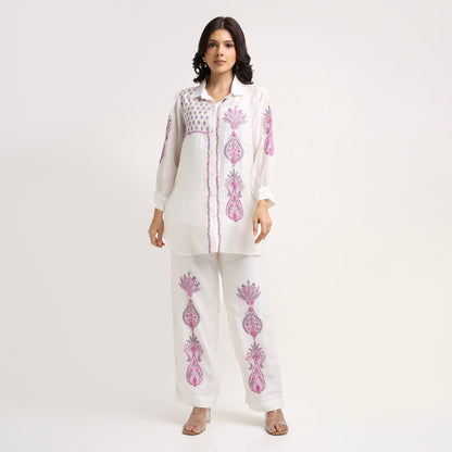 Chikankari Co ord in White Chanderi Silk with Rose Pink n Dusty Mauve embroidery