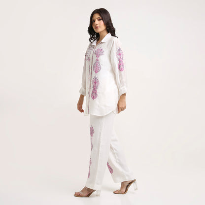Chikankari Co ord in White Chanderi Silk with Rose Pink n Dusty Mauve embroidery