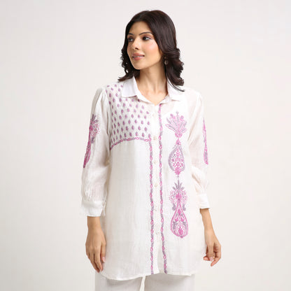 Chikankari Co ord in White Chanderi Silk with Rose Pink n Dusty Mauve embroidery