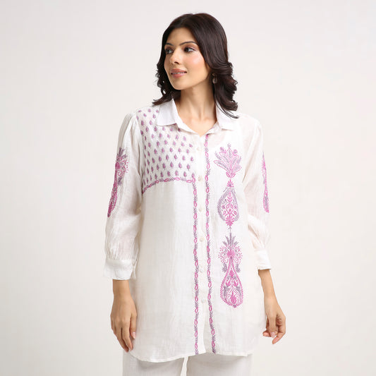 Chikankari Co ord in White Chanderi Silk with Rose Pink n Dusty Mauve embroidery