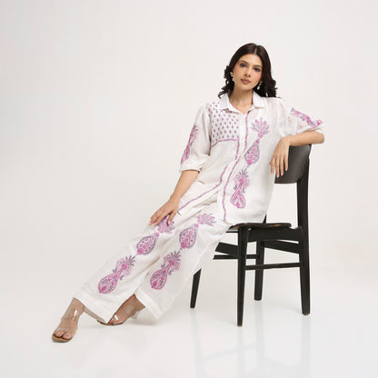 Chikankari Co ord in White Chanderi Silk with Rose Pink n Dusty Mauve embroidery