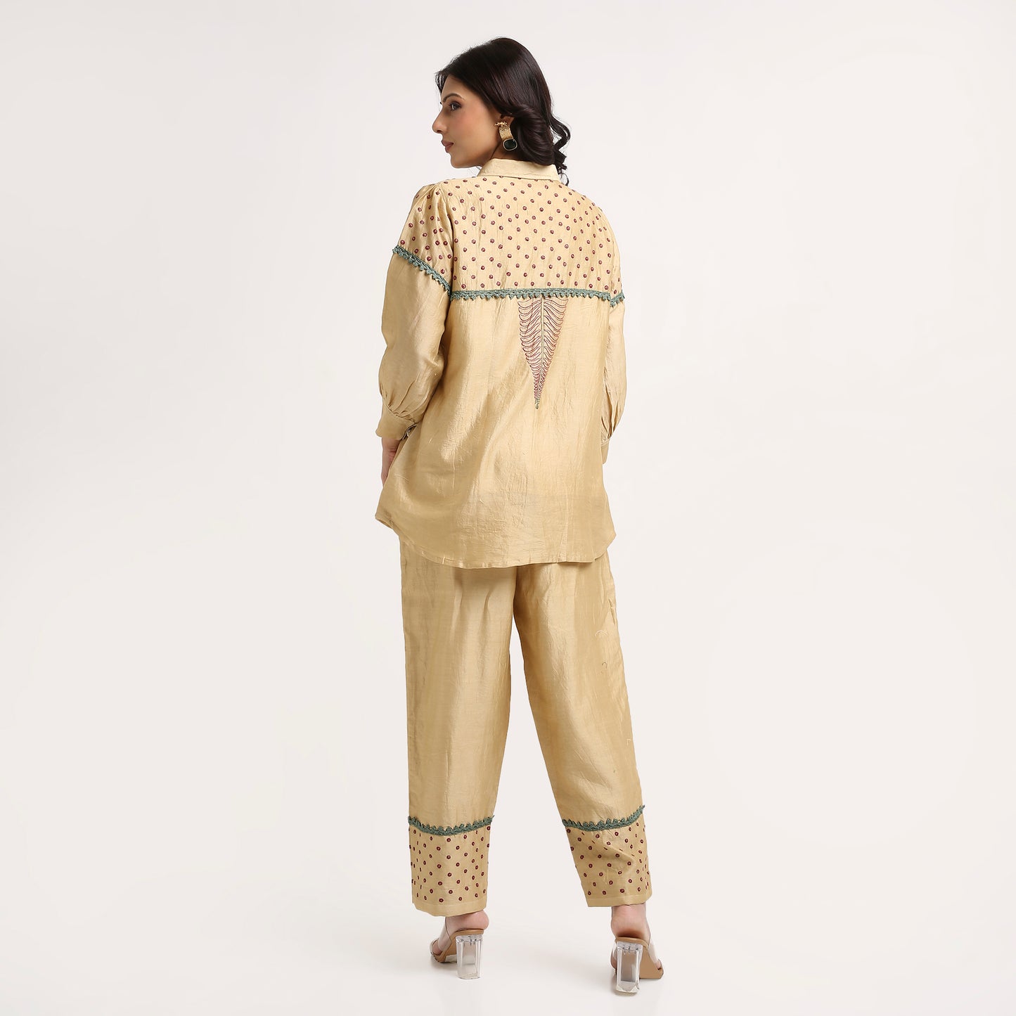 Chikankari Co ord in Gold Chanderi Silk with Magenta n Green embroidery