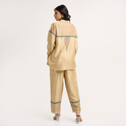 Chikankari Co ord in Gold Chanderi Silk with Magenta n Green embroidery