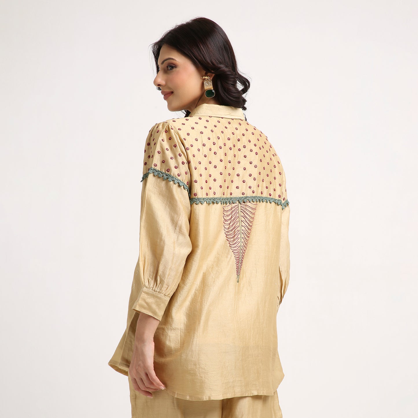 Chikankari Co ord in Gold Chanderi Silk with Magenta n Green embroidery