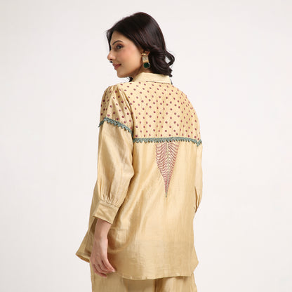 Chikankari Co ord in Gold Chanderi Silk with Magenta n Green embroidery