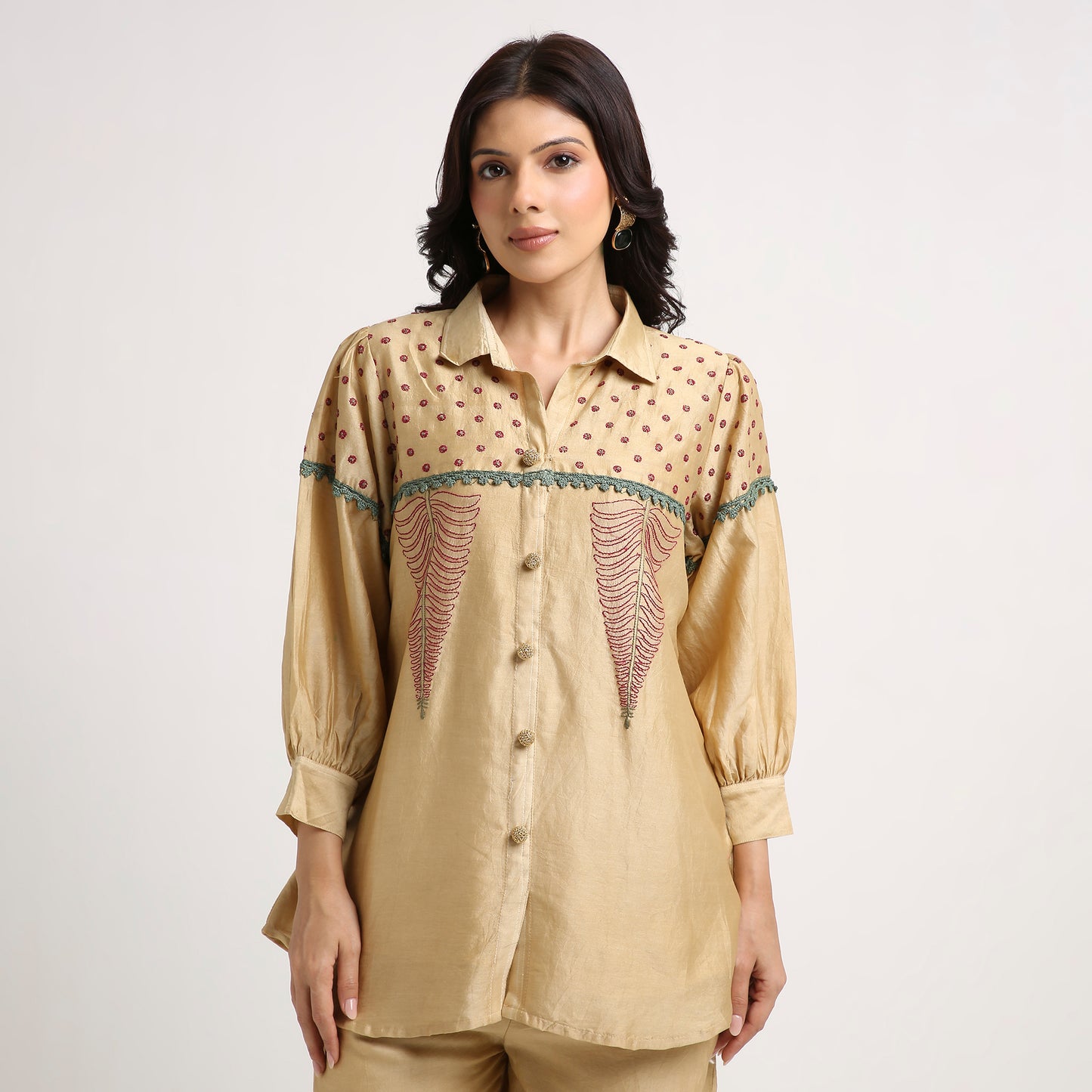 Chikankari Co ord in Gold Chanderi Silk with Magenta n Green embroidery