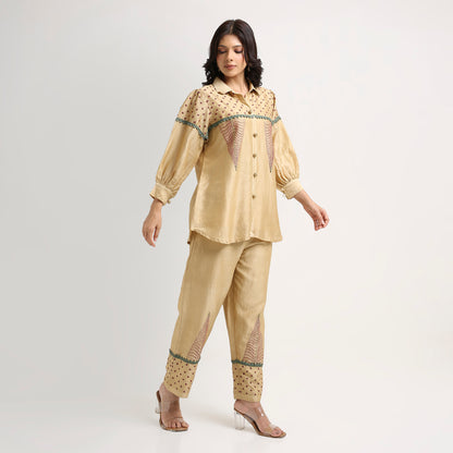 Chikankari Co ord in Gold Chanderi Silk with Magenta n Green embroidery