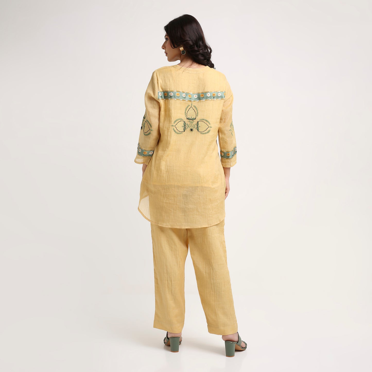 Chikankari Co ord in Gold Silk Tissue Green embroidery