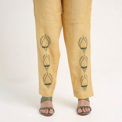 Chikankari Co ord in Gold Silk Tissue Green embroidery