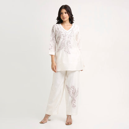 Chikankari Co ord in White Linen Chanderi Silk with Soft Pink n Dusty Mauve embroidery