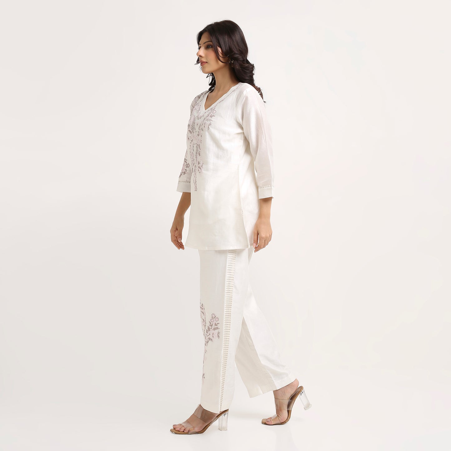 Chikankari Co ord in White Linen Chanderi Silk with Soft Pink n Dusty Mauve embroidery