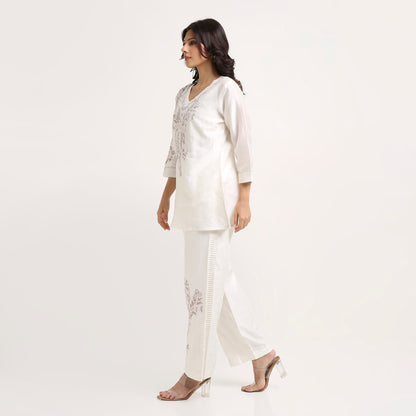 Chikankari Co ord in White Linen Chanderi Silk with Soft Pink n Dusty Mauve embroidery
