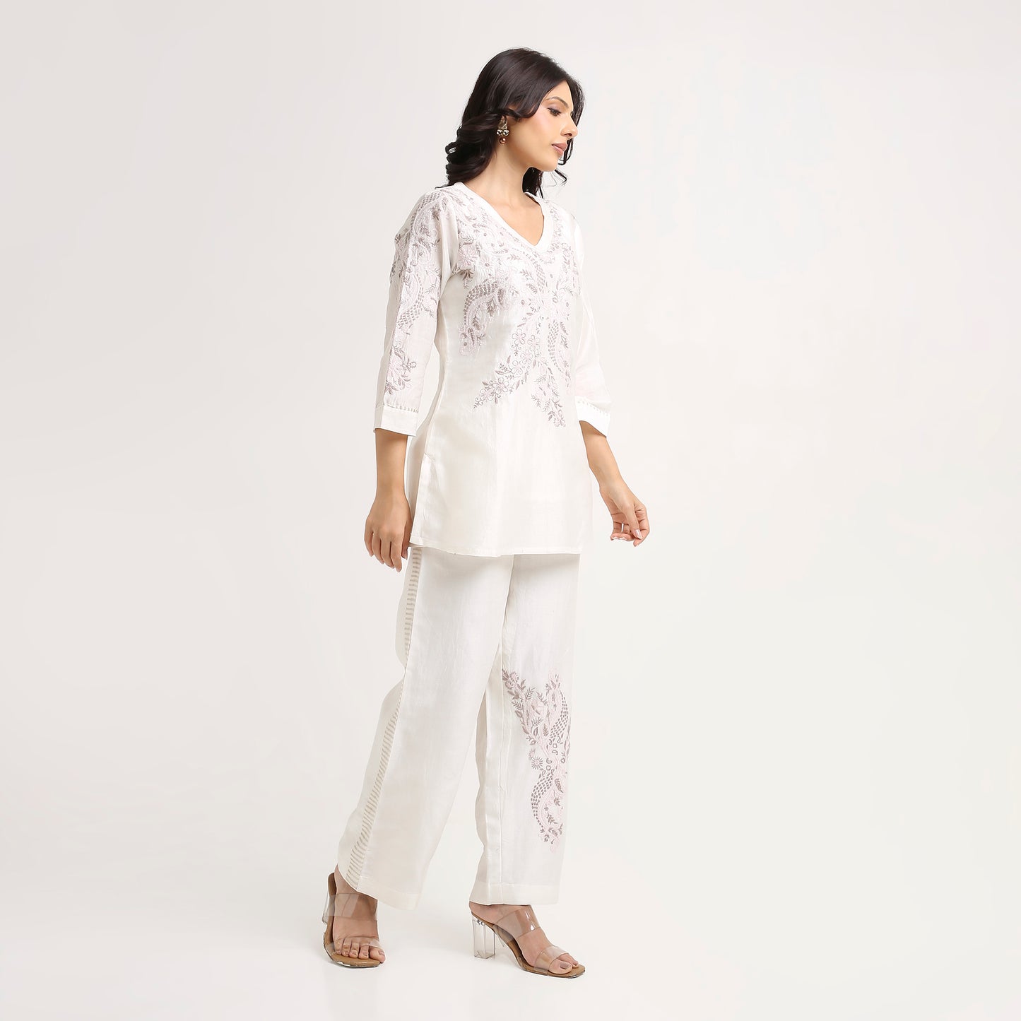 Chikankari Co ord in White Linen Chanderi Silk with Soft Pink n Dusty Mauve embroidery