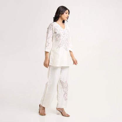 Chikankari Co ord in White Linen Chanderi Silk with Soft Pink n Dusty Mauve embroidery