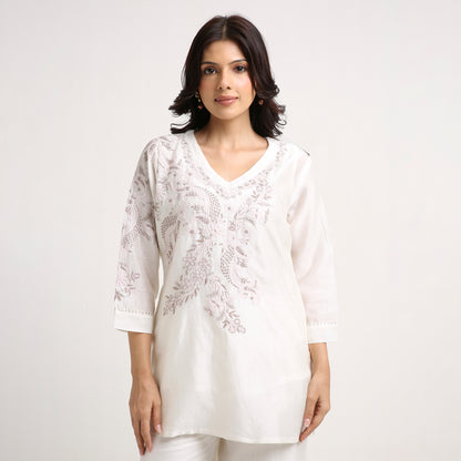 Chikankari Co ord in White Linen Chanderi Silk with Soft Pink n Dusty Mauve embroidery