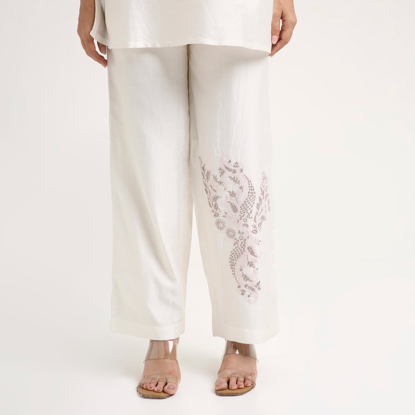 Chikankari Co ord in White Linen Chanderi Silk with Soft Pink n Dusty Mauve embroidery