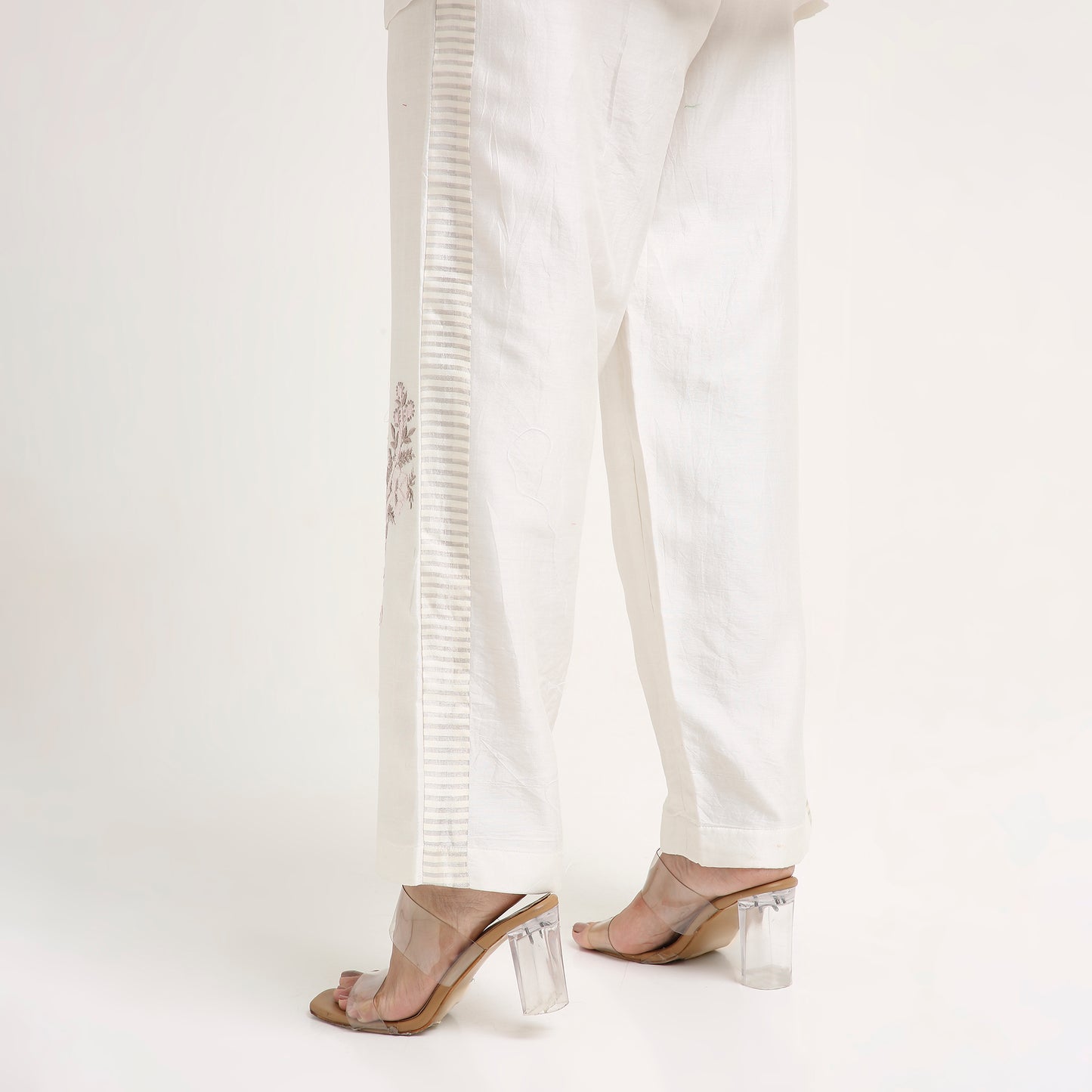 Chikankari Co ord in White Linen Chanderi Silk with Soft Pink n Dusty Mauve embroidery