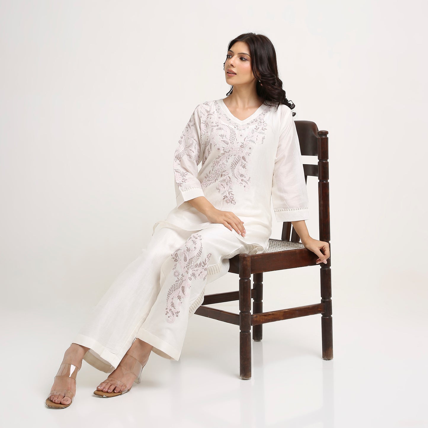 Chikankari Co ord in White Linen Chanderi Silk with Soft Pink n Dusty Mauve embroidery