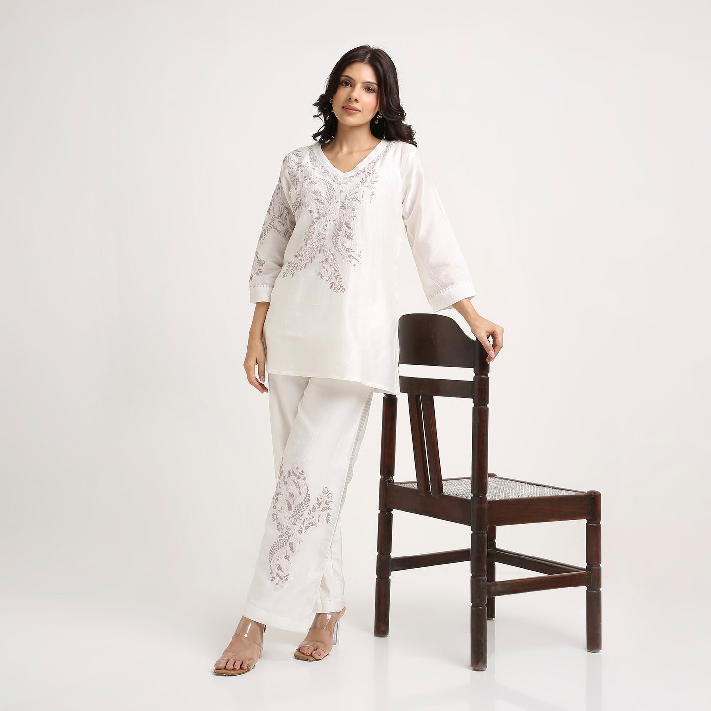 Chikankari Co ord in White Linen Chanderi Silk with Soft Pink n Dusty Mauve embroidery