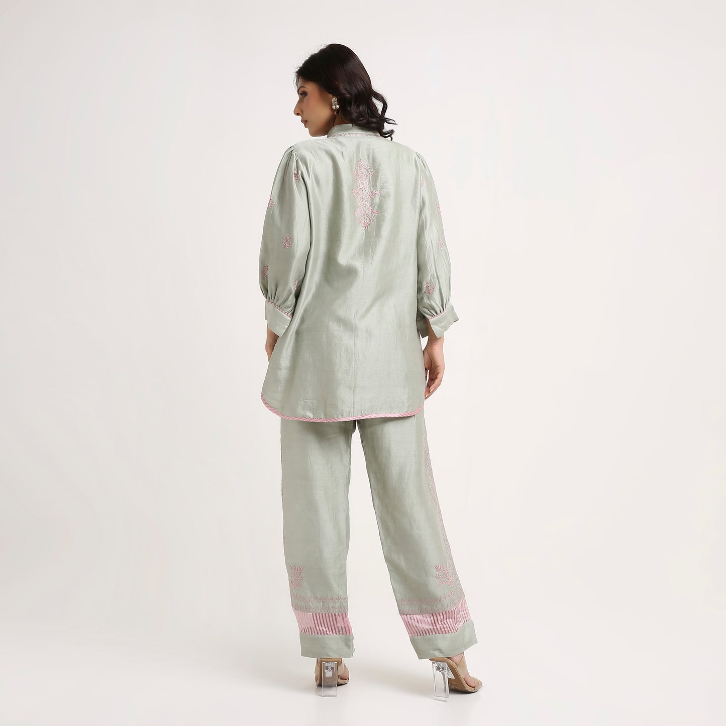 Chikankari Co ord in Sage Green Chanderi Silk with Dusty Pink embroidery