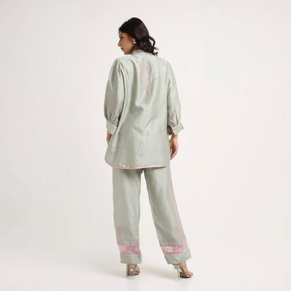 Chikankari Co ord in Sage Green Chanderi Silk with Dusty Pink embroidery