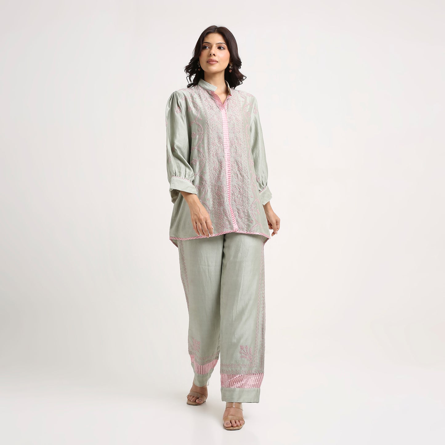 Chikankari Co ord in Sage Green Chanderi Silk with Dusty Pink embroidery