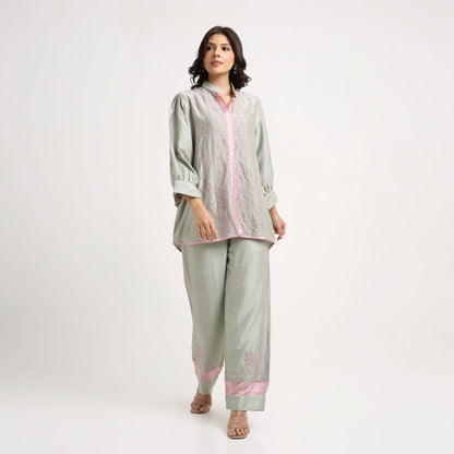 Chikankari Co ord in Sage Green Chanderi Silk with Dusty Pink embroidery