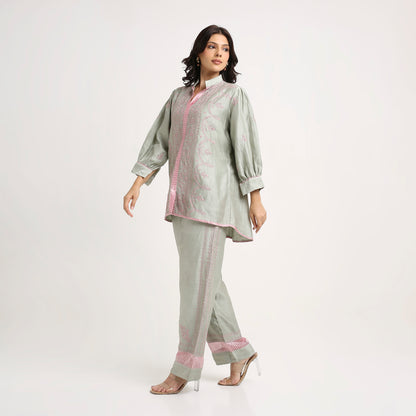 Chikankari Co ord in Sage Green Chanderi Silk with Dusty Pink embroidery