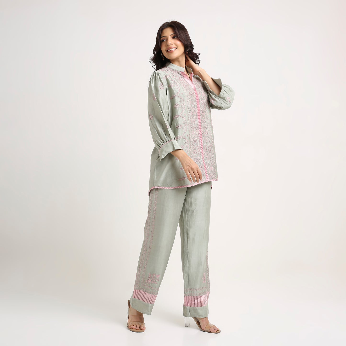 Chikankari Co ord in Sage Green Chanderi Silk with Dusty Pink embroidery