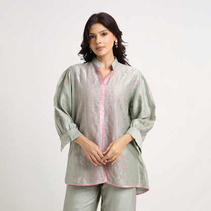 Chikankari Co ord in Sage Green Chanderi Silk with Dusty Pink embroidery