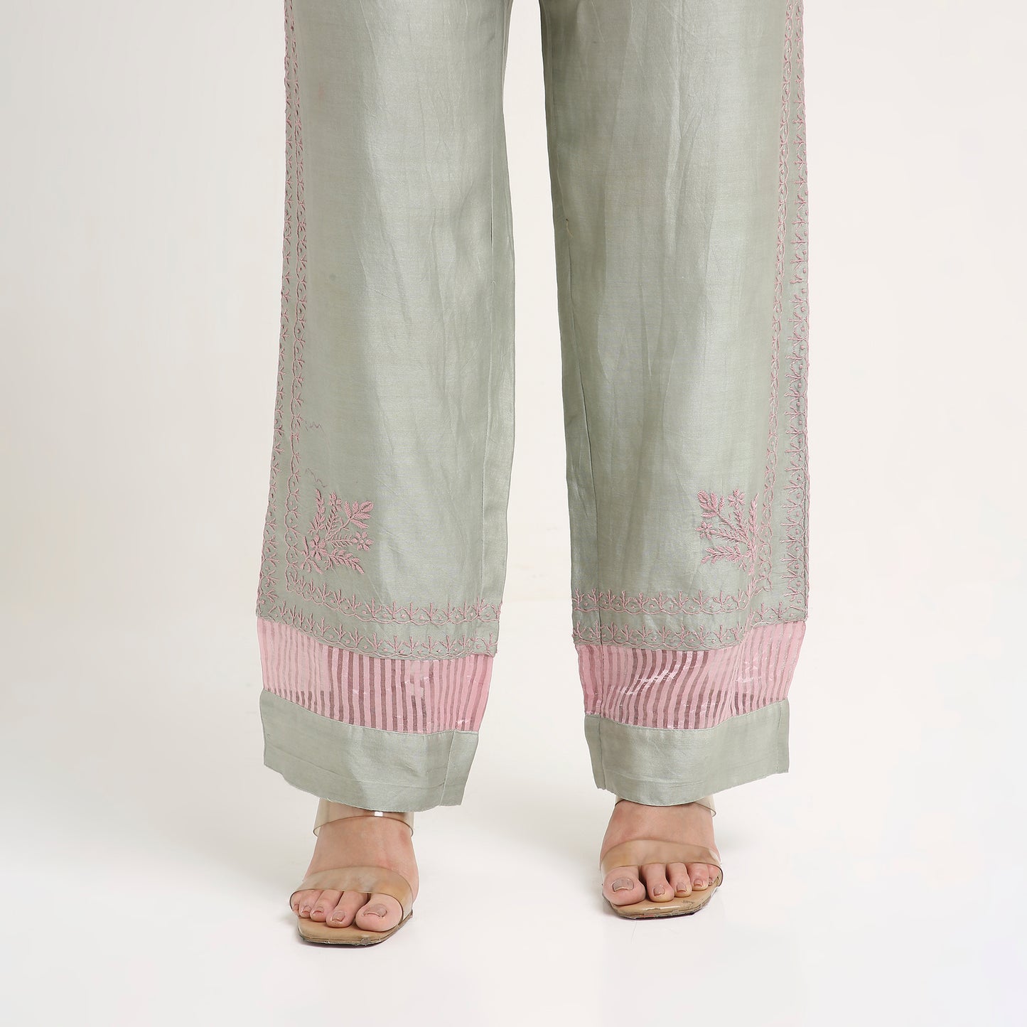 Chikankari Co ord in Sage Green Chanderi Silk with Dusty Pink embroidery