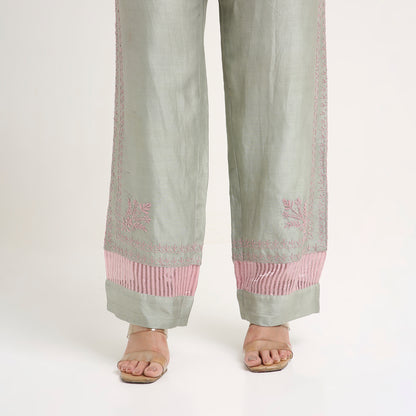 Chikankari Co ord in Sage Green Chanderi Silk with Dusty Pink embroidery