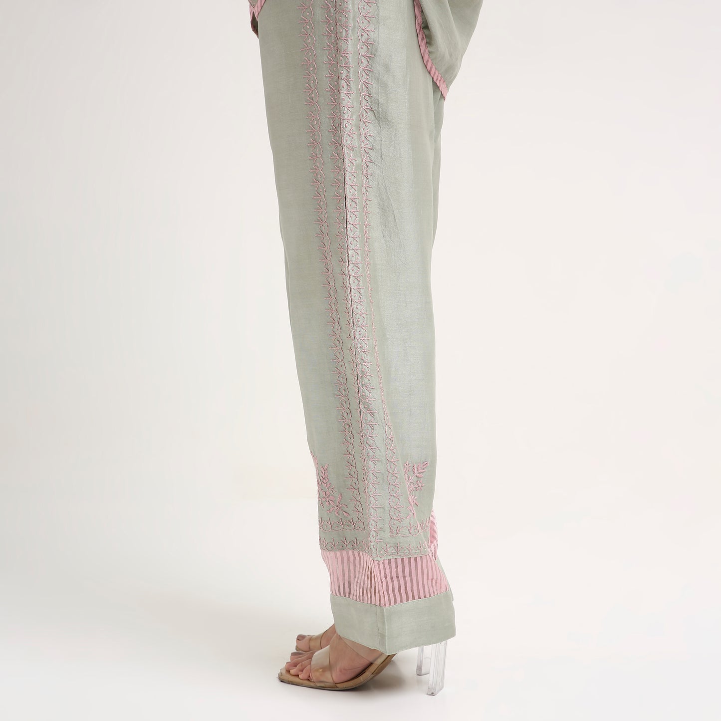 Chikankari Co ord in Sage Green Chanderi Silk with Dusty Pink embroidery