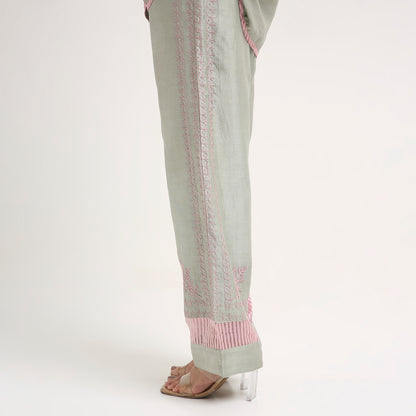 Chikankari Co ord in Sage Green Chanderi Silk with Dusty Pink embroidery