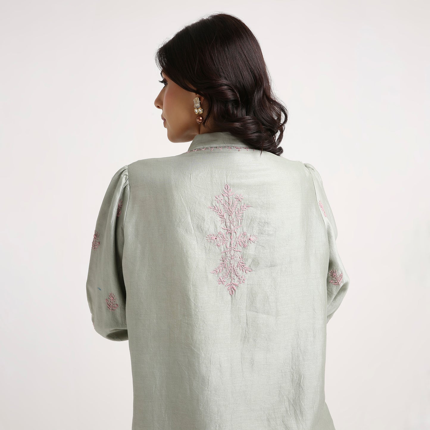 Chikankari Co ord in Sage Green Chanderi Silk with Dusty Pink embroidery