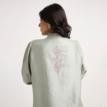 Chikankari Co ord in Sage Green Chanderi Silk with Dusty Pink embroidery