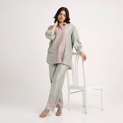 Chikankari Co ord in Sage Green Chanderi Silk with Dusty Pink embroidery