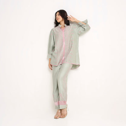 Chikankari Co ord in Sage Green Chanderi Silk with Dusty Pink embroidery