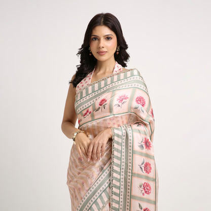 ‘Botanica Privée’ Blush & Sage Green Georgette Painterly Saree