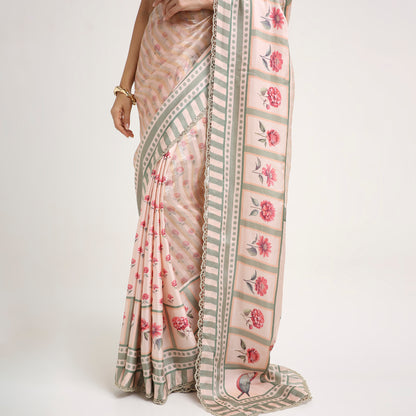 ‘Botanica Privée’ Blush & Sage Green Georgette Painterly Saree