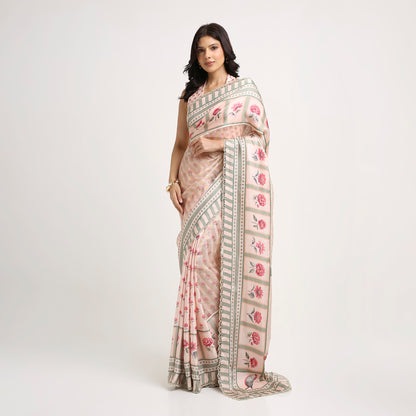 ‘Botanica Privée’ Blush & Sage Green Georgette Painterly Saree