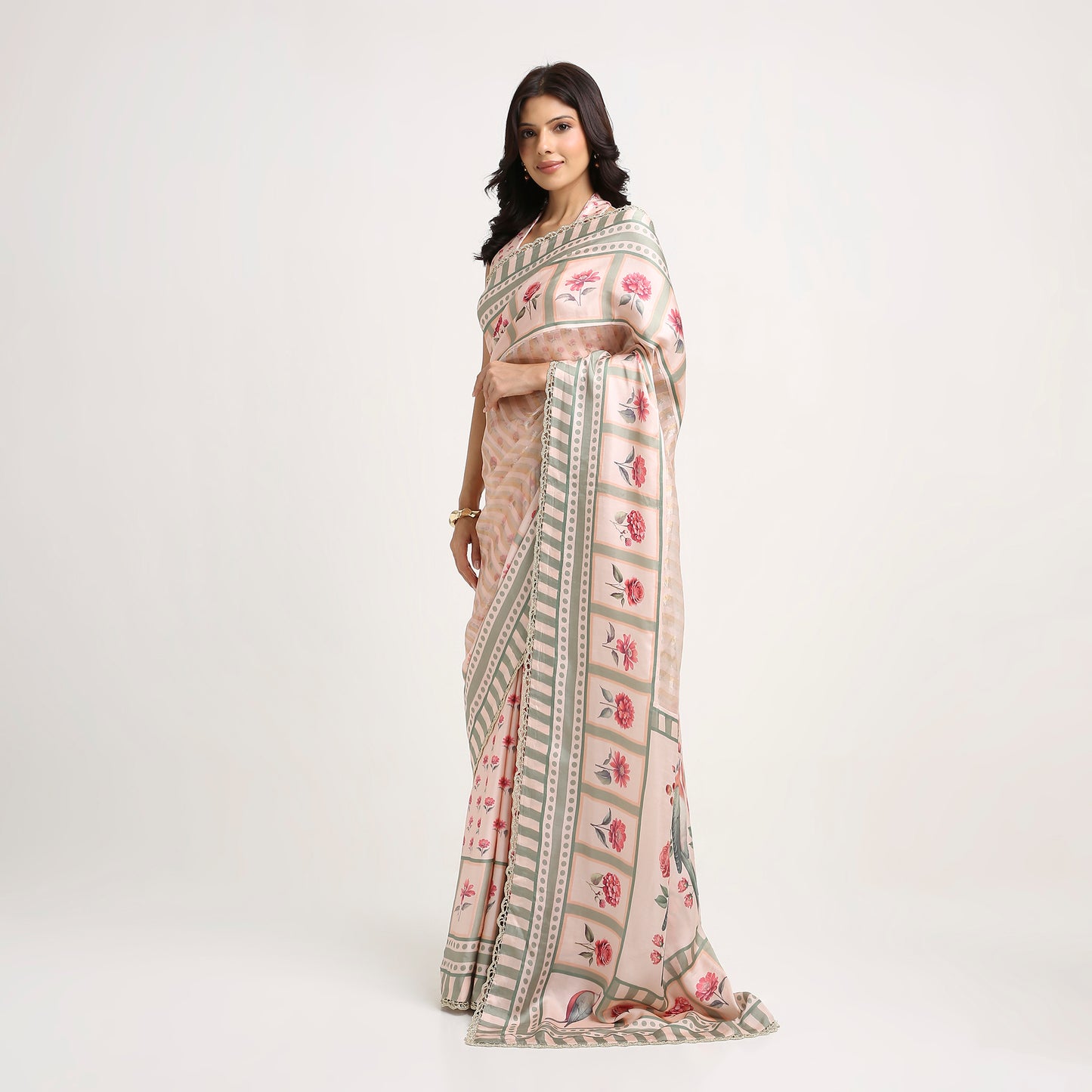 ‘Botanica Privée’ Blush & Sage Green Georgette Painterly Saree