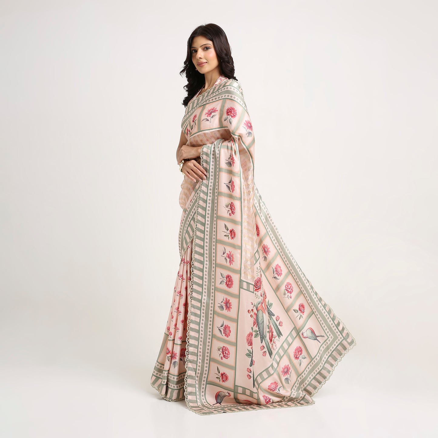 ‘Botanica Privée’ Blush & Sage Green Georgette Painterly Saree