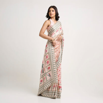 ‘Botanica Privée’ Blush & Sage Green Georgette Painterly Saree