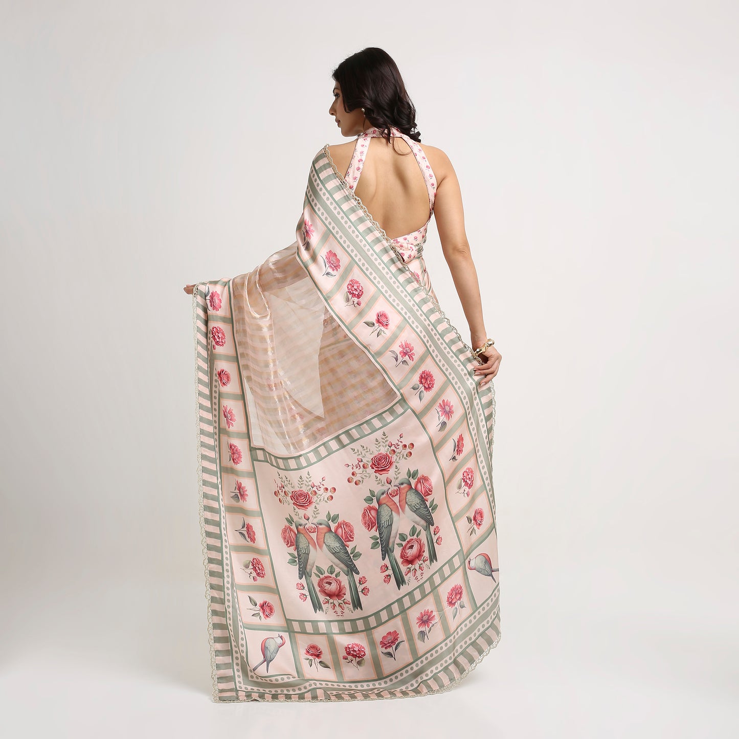 ‘Botanica Privée’ Blush & Sage Green Georgette Painterly Saree