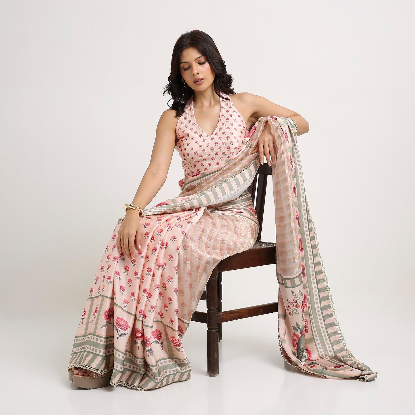 ‘Botanica Privée’ Blush & Sage Green Georgette Painterly Saree