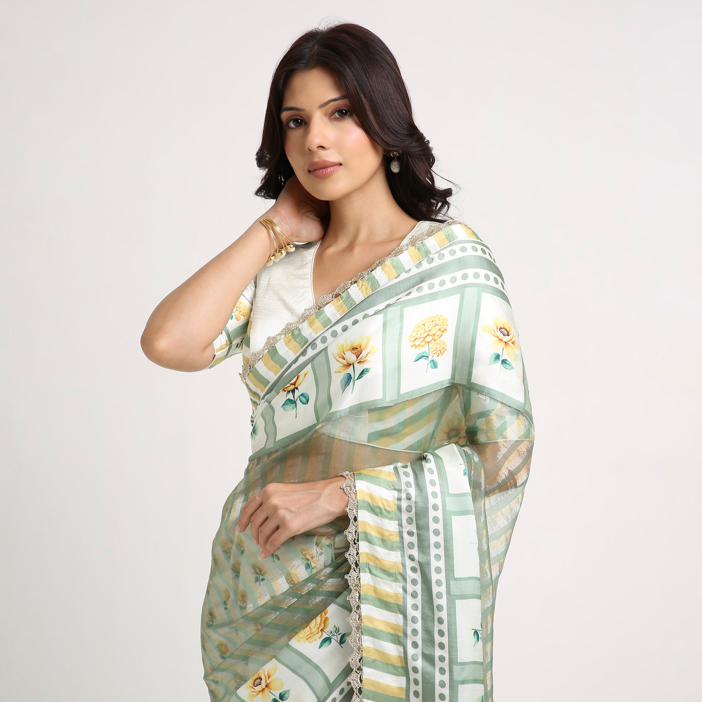 ‘Bloom Edit’ Sunlit Yellow and Antique Sage Silk Banarasi Tissue Painterly Saree