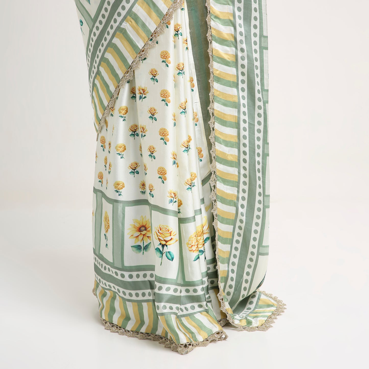 ‘Bloom Edit’ Sunlit Yellow and Antique Sage Silk Banarasi Tissue Painterly Saree